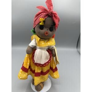 Vintage Virgin Islands Doll Handmade Cloth Folk Art 10” w Tag Stand